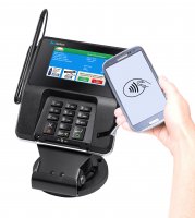 Verifone point-of-sale terminal that supports NFC-based mobile payments, loyalty programs (see the screen), and EMV cards.